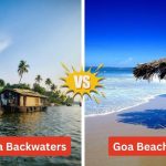 Kerala Backwaters vs Goa Beaches comparison image featuring a houseboat floating in Kerala’s calm backwaters on the left and a sunny Goa beach with white sand and a beach umbrella on the right.