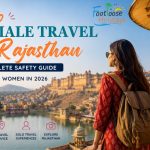 Solo female traveler overlooking Jaipur cityscape in Rajasthan with complete safety guide for women in 2026 banner design