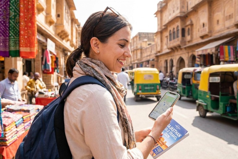 Solo female traveler using smartphone navigation while exploring a busy street market in Rajasthan, India