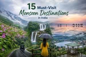 Featured image showcasing the best places to visit in India during the monsoon, including the Valley of Flowers, waterfalls, misty hill stations, and scenic rain-soaked landscapes.