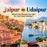 Jaipur vs Udaipur travel comparison featuring Amer Fort and Hawa Mahal in Jaipur, alongside Lake Pichola and City Palace in Udaipur.