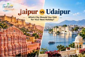 Jaipur vs Udaipur travel comparison featuring Amer Fort and Hawa Mahal in Jaipur, alongside Lake Pichola and City Palace in Udaipur.