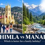 Shimla’s Christ Church with a family walking nearby, alongside Manali’s river valley and snow-capped mountains